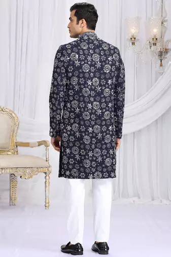 art silk blue wedding wear computer thread work readymade indo western