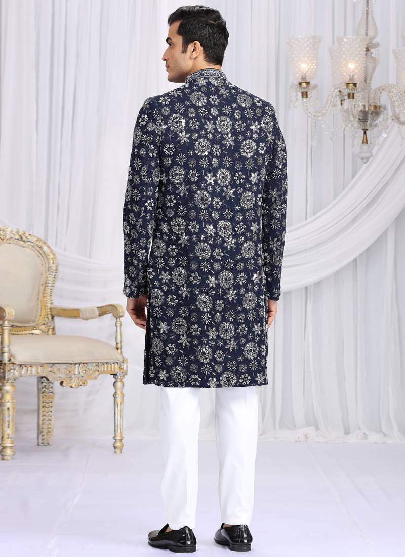 art silk blue wedding wear computer thread work readymade indo western