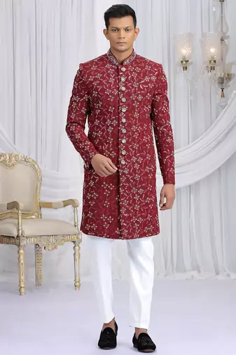 art silk maroon wedding wear computer thread work readymade indo western