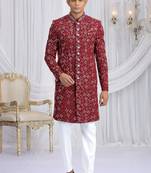 art silk maroon wedding wear computer thread work readymade indo western