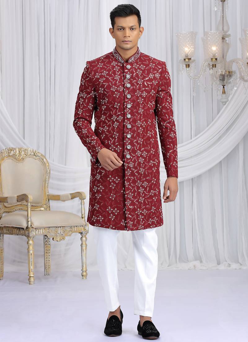 art silk maroon wedding wear computer thread work readymade indo western