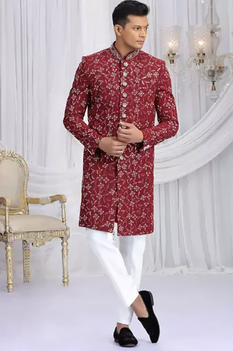 art silk maroon wedding wear computer thread work readymade indo western