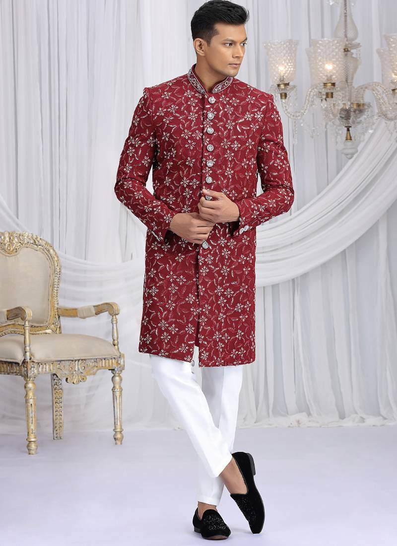 art silk maroon wedding wear computer thread work readymade indo western