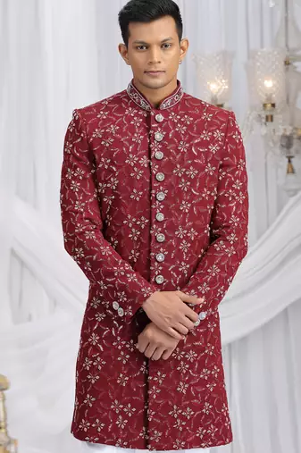 art silk maroon wedding wear computer thread work readymade indo western