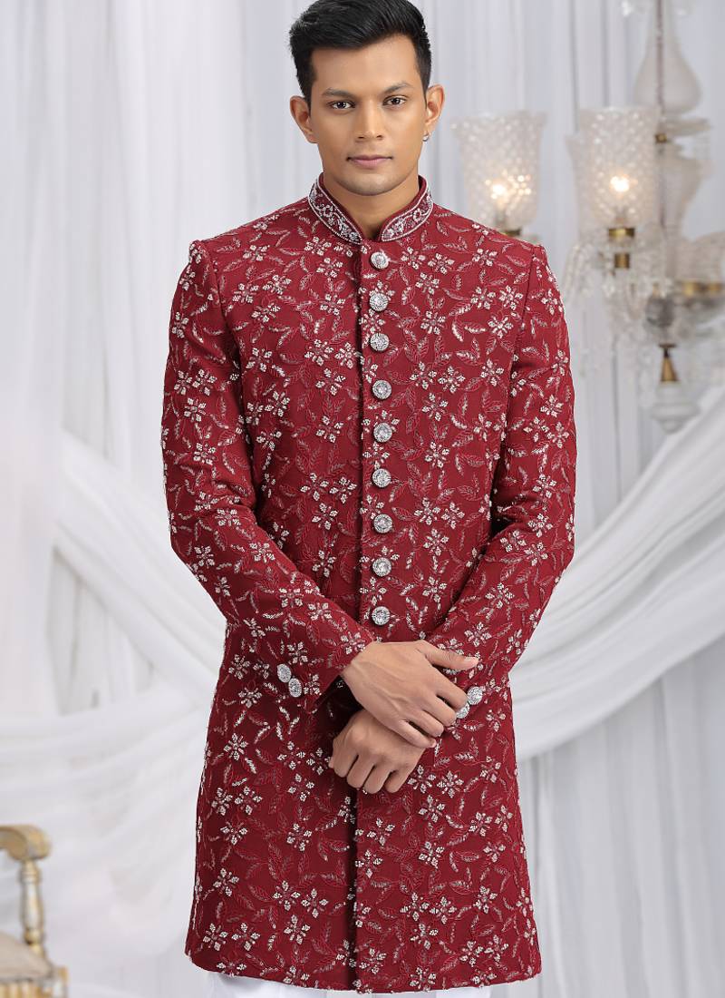 art silk maroon wedding wear computer thread work readymade indo western