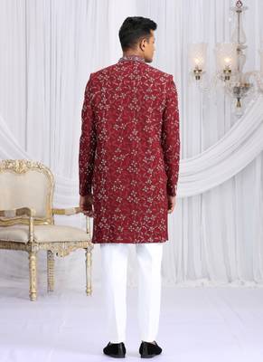 art silk maroon wedding wear computer thread work readymade indo western 4