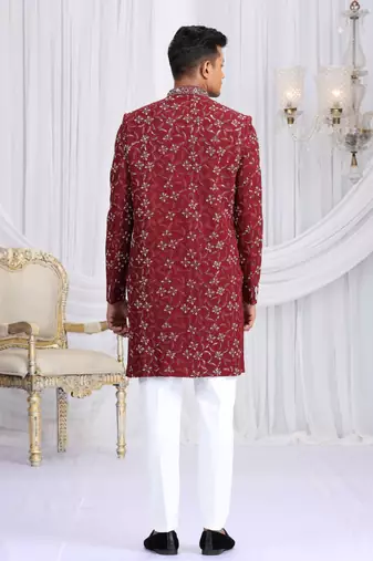 art silk maroon wedding wear computer thread work readymade indo western