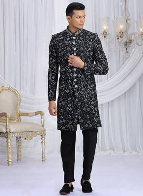 art silk black wedding wear computer thread work readymade indo western 1