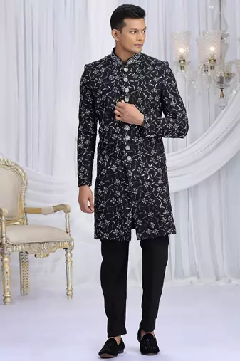 art silk black wedding wear computer thread work readymade indo western