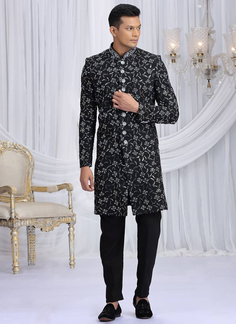 art silk black wedding wear computer thread work readymade indo western