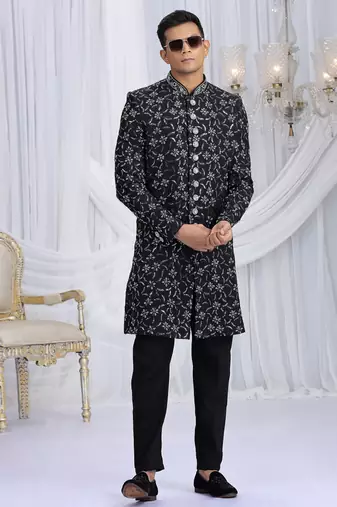 art silk black wedding wear computer thread work readymade indo western