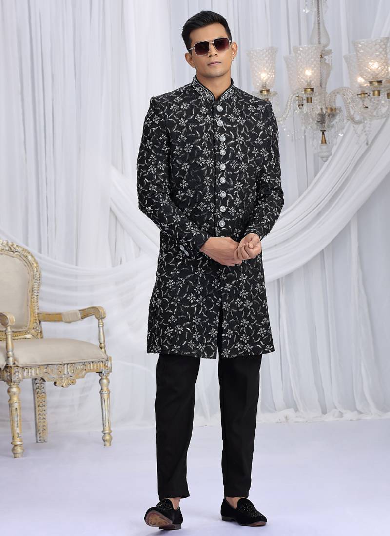 art silk black wedding wear computer thread work readymade indo western