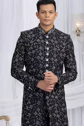 art silk black wedding wear computer thread work readymade indo western