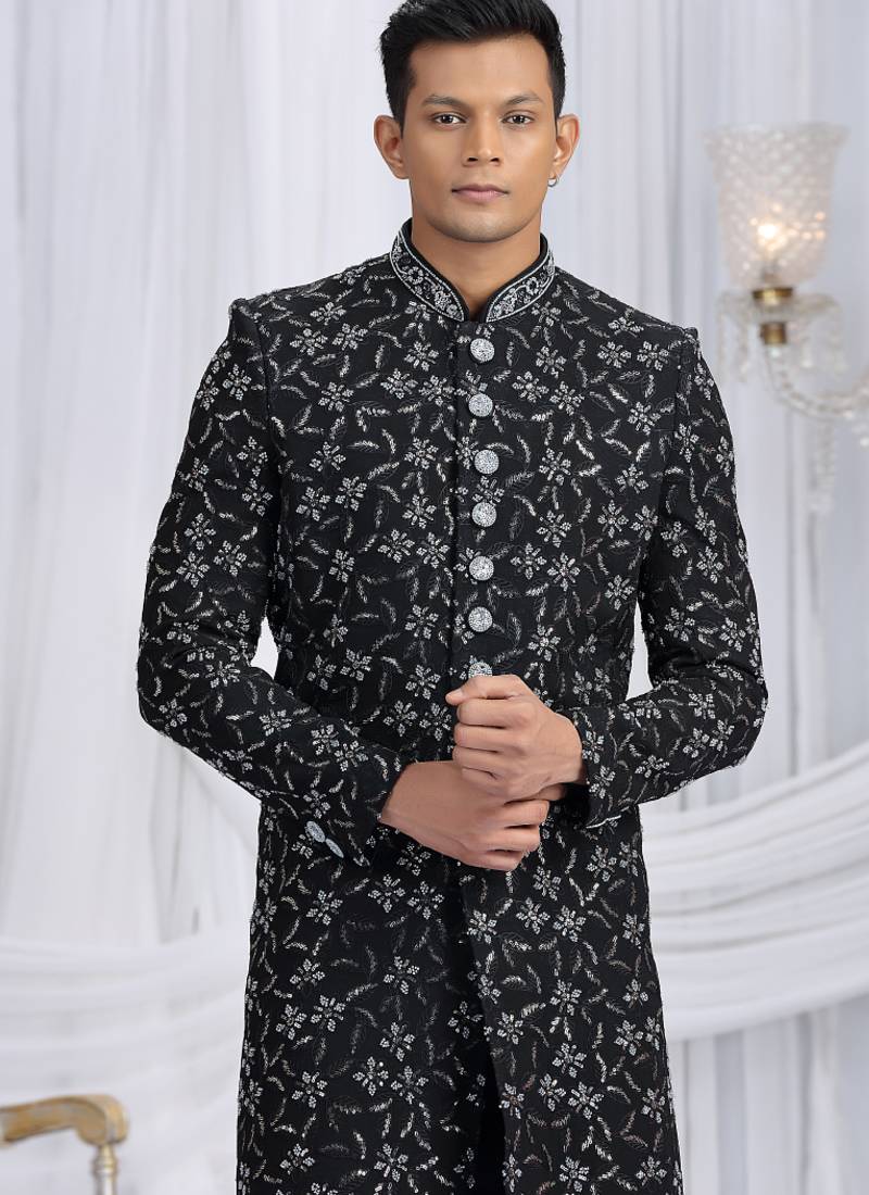 art silk black wedding wear computer thread work readymade indo western