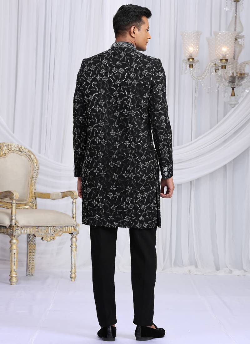 art silk black wedding wear computer thread work readymade indo western