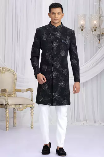 art silk navy blue wedding wear computer thread work readymade indo western