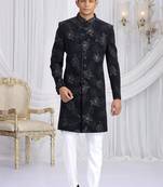 art silk navy blue wedding wear computer thread work readymade indo western