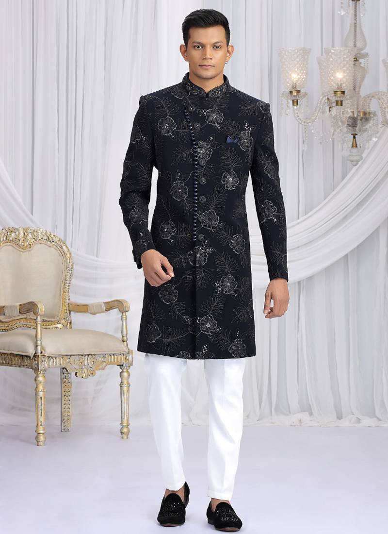 art silk navy blue wedding wear computer thread work readymade indo western