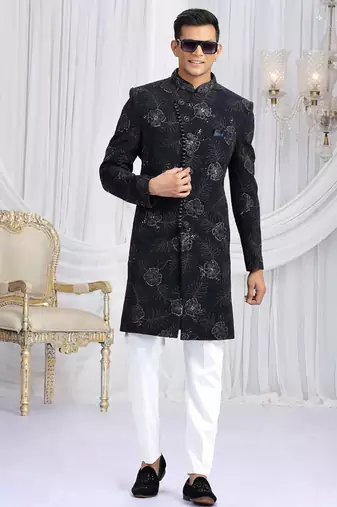 art silk navy blue wedding wear computer thread work readymade indo western
