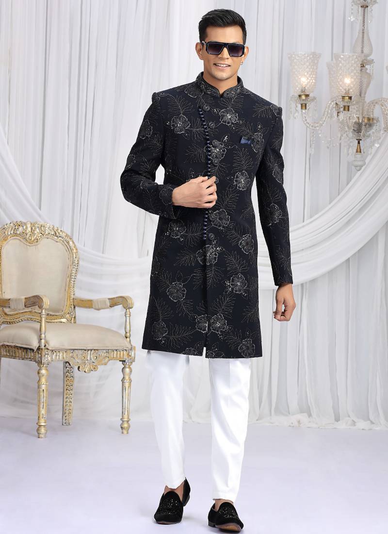 art silk navy blue wedding wear computer thread work readymade indo western