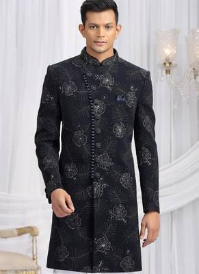 art silk navy blue wedding wear computer thread work readymade indo western 3