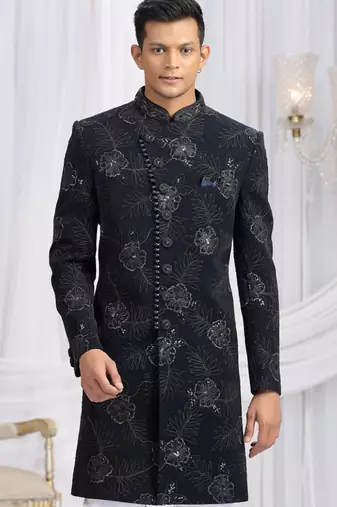 art silk navy blue wedding wear computer thread work readymade indo western