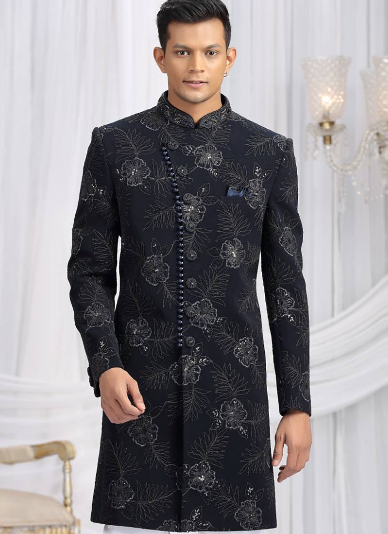 art silk navy blue wedding wear computer thread work readymade indo western