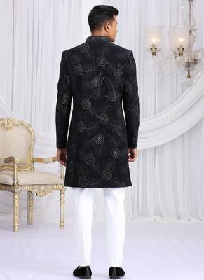 art silk navy blue wedding wear computer thread work readymade indo western 4