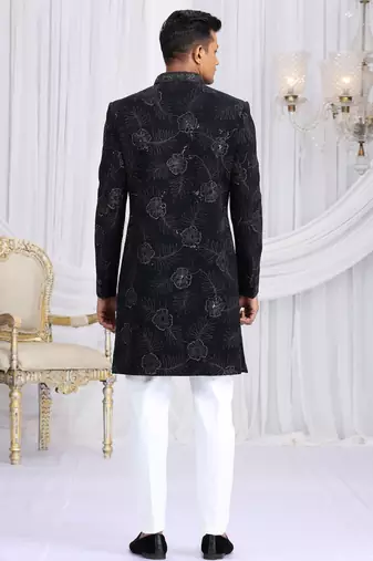 art silk navy blue wedding wear computer thread work readymade indo western
