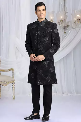 art silk black wedding wear computer thread work readymade indo western