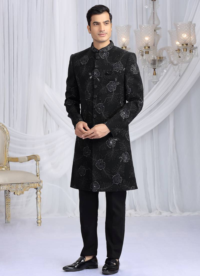 art silk black wedding wear computer thread work readymade indo western