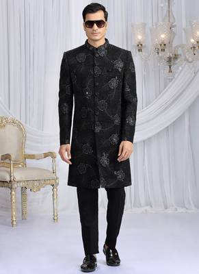art silk black wedding wear computer thread work readymade indo western 2