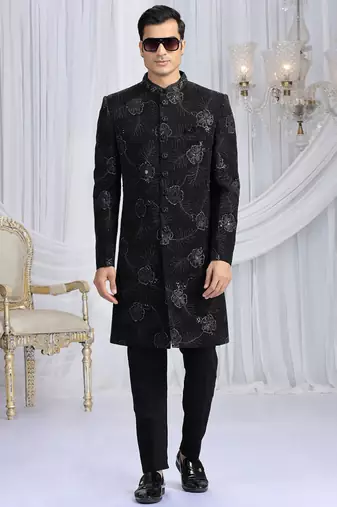 art silk black wedding wear computer thread work readymade indo western