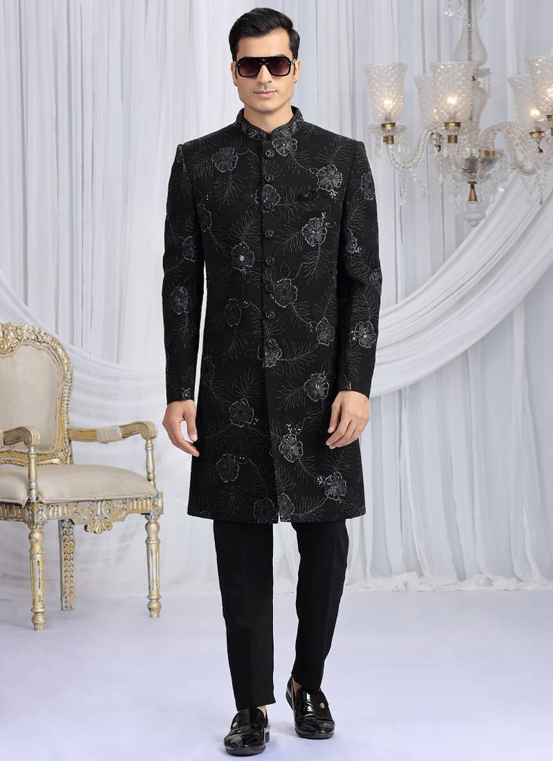 art silk black wedding wear computer thread work readymade indo western