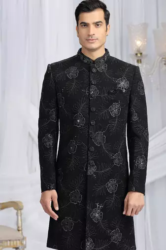 art silk black wedding wear computer thread work readymade indo western