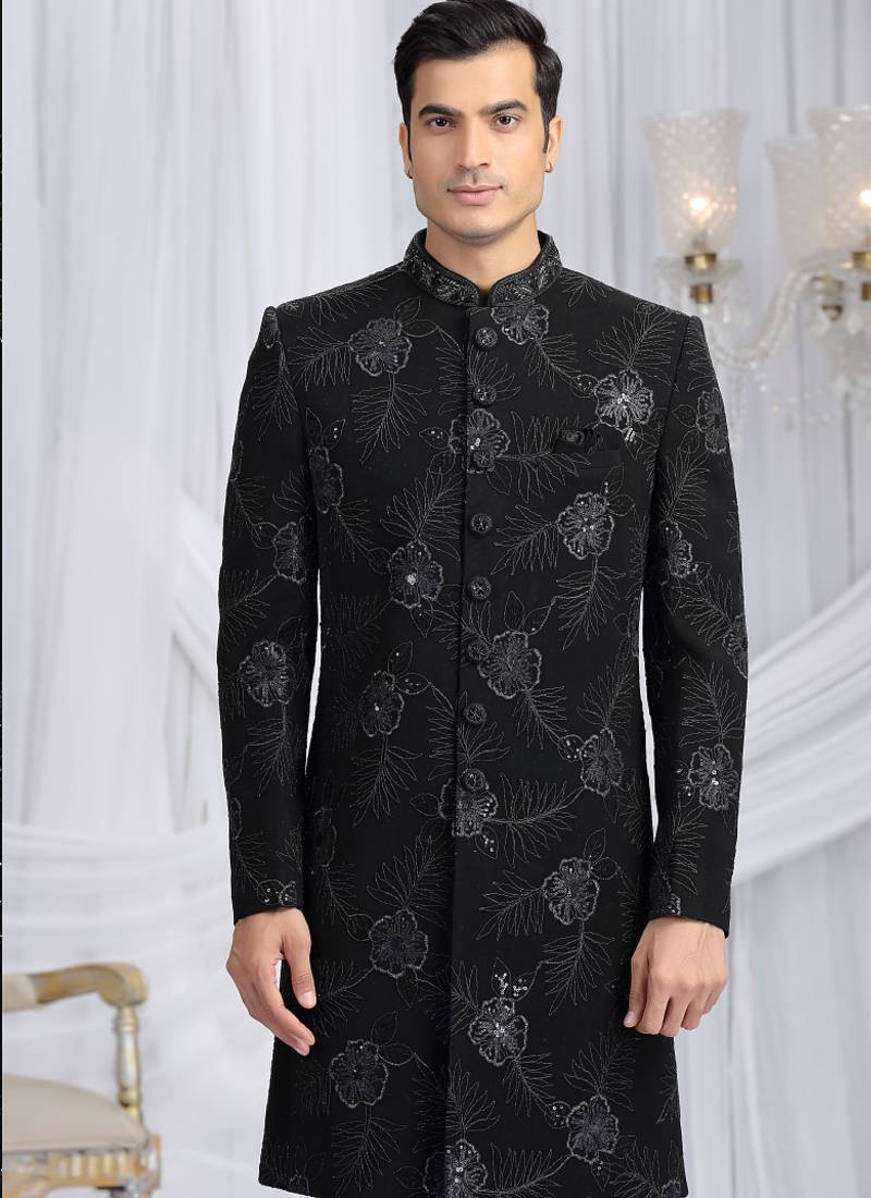 art silk black wedding wear computer thread work readymade indo western