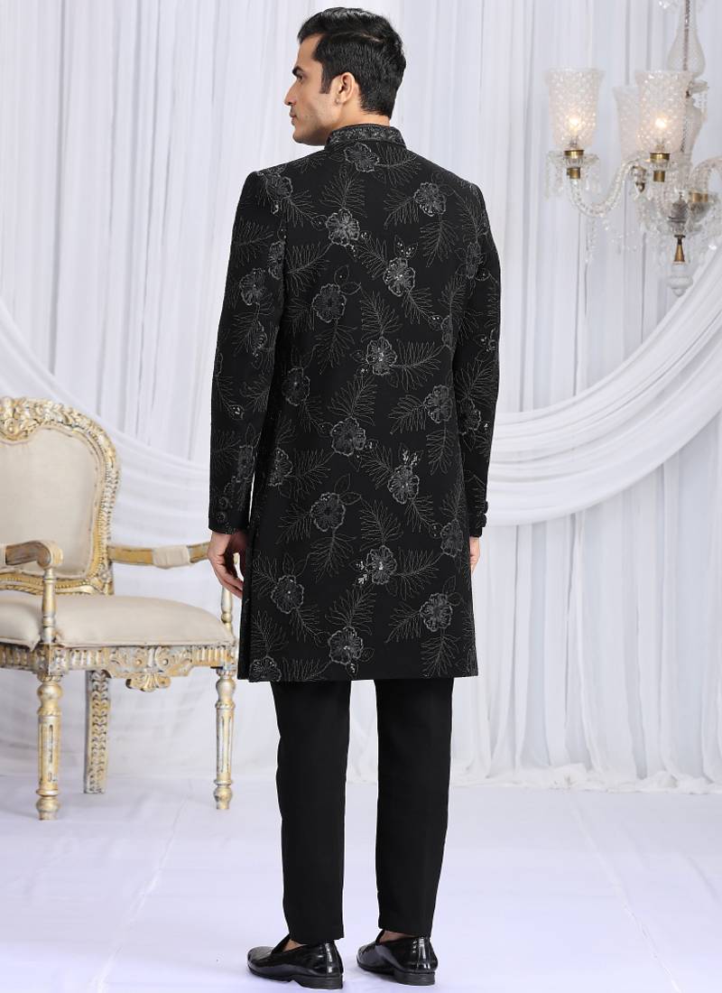 art silk black wedding wear computer thread work readymade indo western