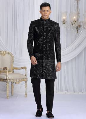 art silk black wedding wear computer thread work readymade indo western 1