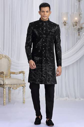 art silk black wedding wear computer thread work readymade indo western