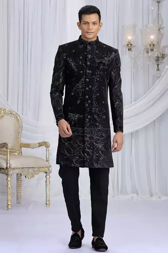 art silk black wedding wear computer thread work readymade indo western
