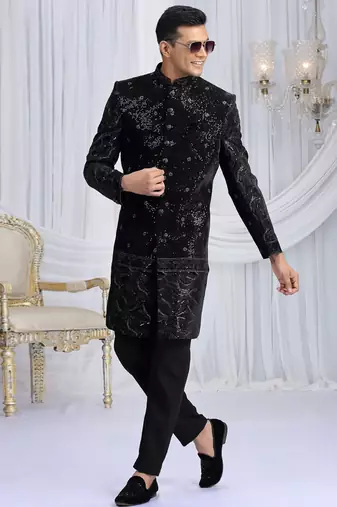 art silk black wedding wear computer thread work readymade indo western