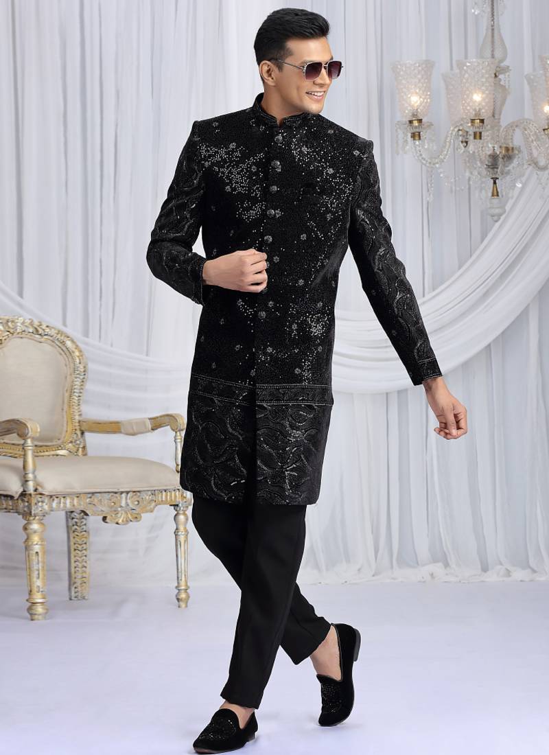 art silk black wedding wear computer thread work readymade indo western