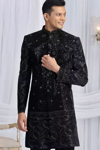 art silk black wedding wear computer thread work readymade indo western