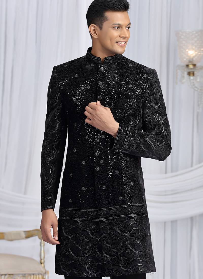 art silk black wedding wear computer thread work readymade indo western