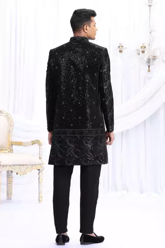 art silk black wedding wear computer thread work readymade indo western