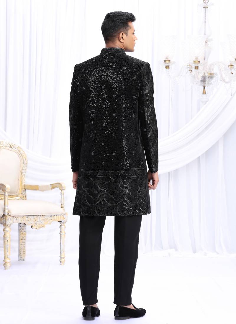 art silk black wedding wear computer thread work readymade indo western