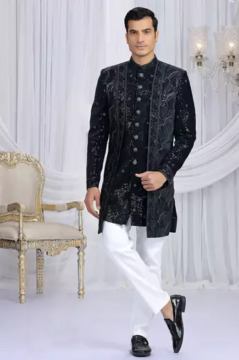 Black wedding wear computer thread work readymade indo western