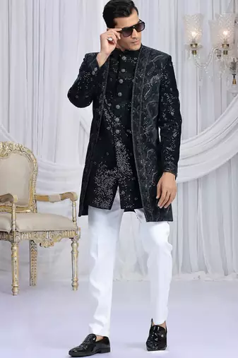 Black wedding wear computer thread work readymade indo western
