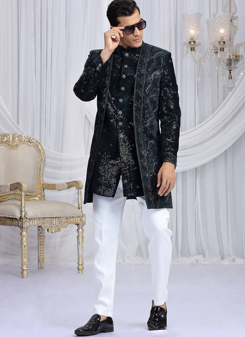 Black wedding wear computer thread work readymade indo western