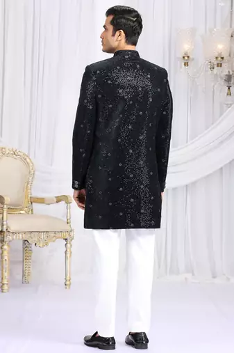 Black wedding wear computer thread work readymade indo western